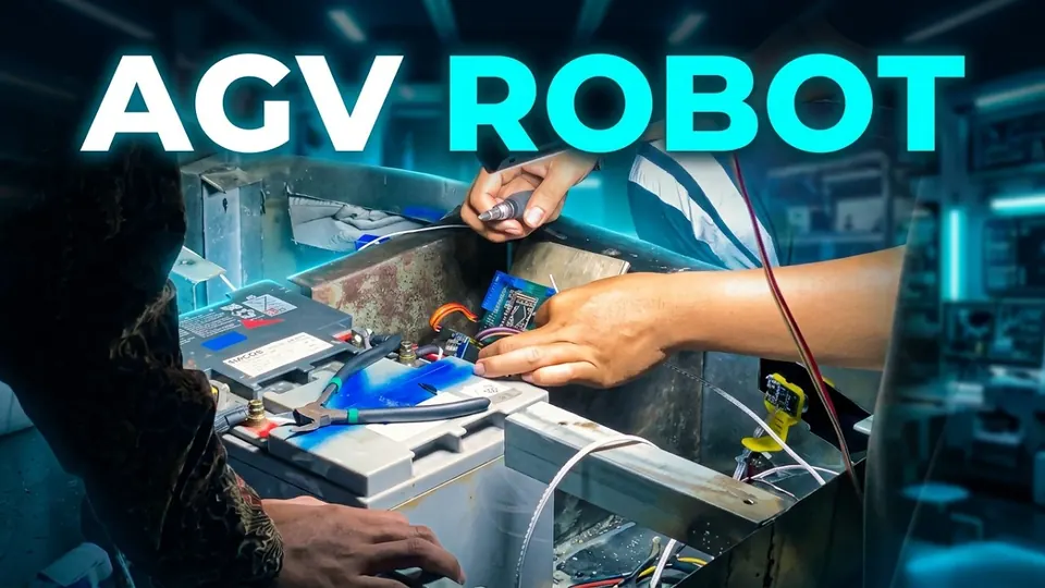 Sampul video recap proyek AGV: tangan merangkai elektronik pada robot AGV dengan tulisan AGV Robot