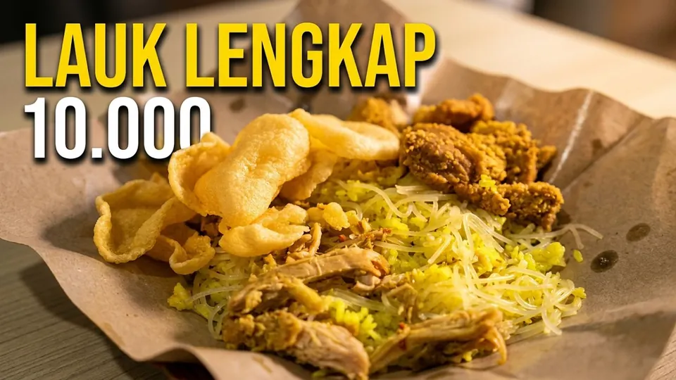 Sampul video review nasi kuning: nasi kuning dengan kerupuk, ayam goreng, dan bihun di atas kertas cokelat