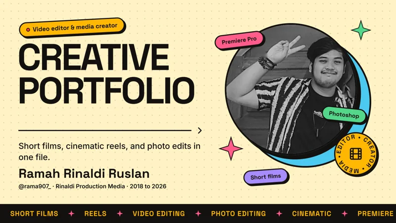 Cover of the creative portfolio: a photo of Ramah Rinaldi in a circle and the large title CREATIVE PORTFOLIO