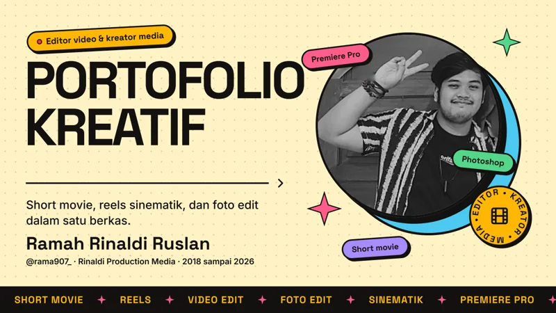 Sampul portofolio kreatif: foto Ramah Rinaldi dalam lingkaran dan tulisan besar PORTOFOLIO KREATIF